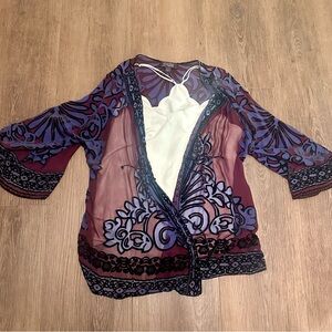 Hale Bob Sheer Boho Kimono Duster Purple Floral Mesh Open Cardigan Size L